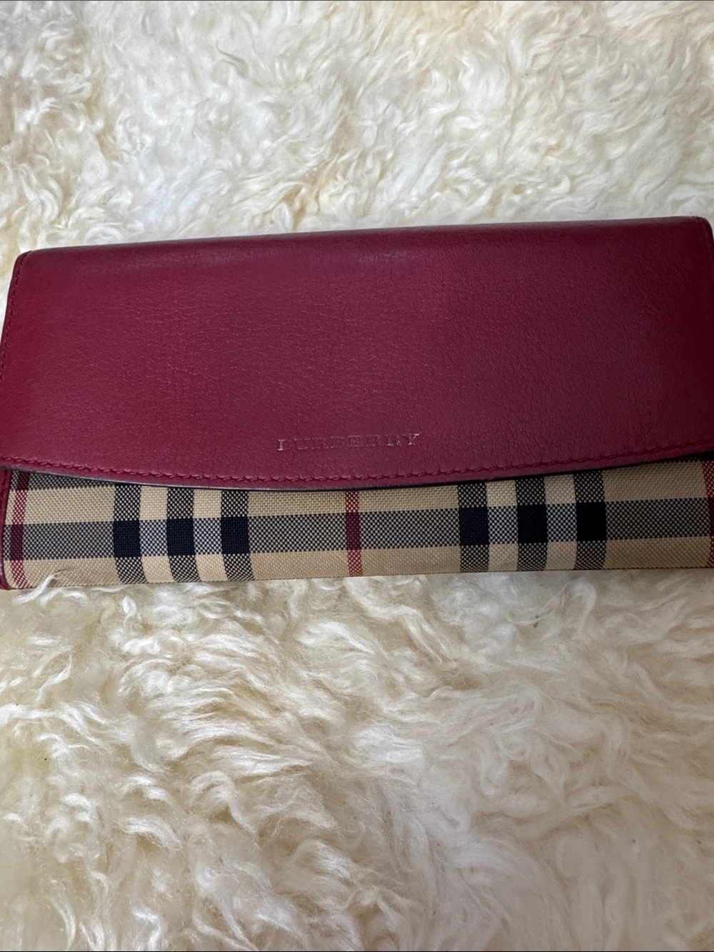Burberry Burgundy Leather & Beige Check Continental Wallet - Picture 8 of 8